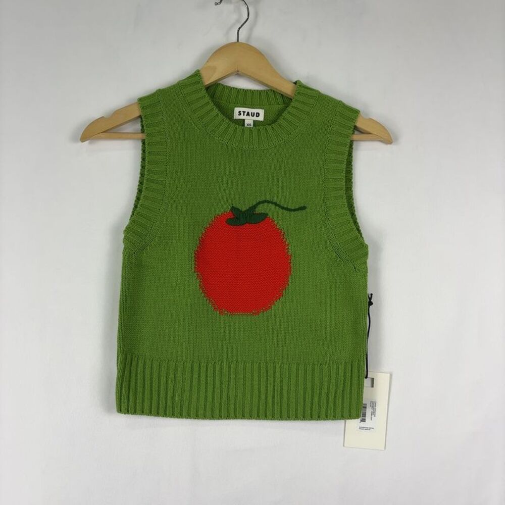 STAUD Green Knit Tomato Intarsia Sweater Vest